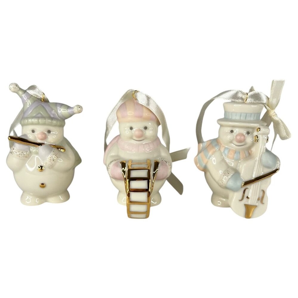 3 Lenox Snowman Christmas Ornaments Standabouts Figurine Set Musician Drum Flute